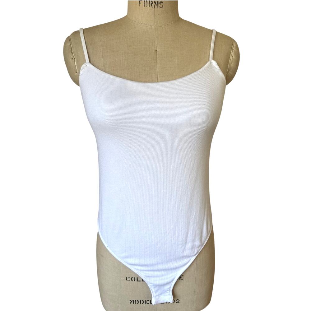 Calvin Klein Ribbed Spaghetti Strap Bodysuit in White Size White